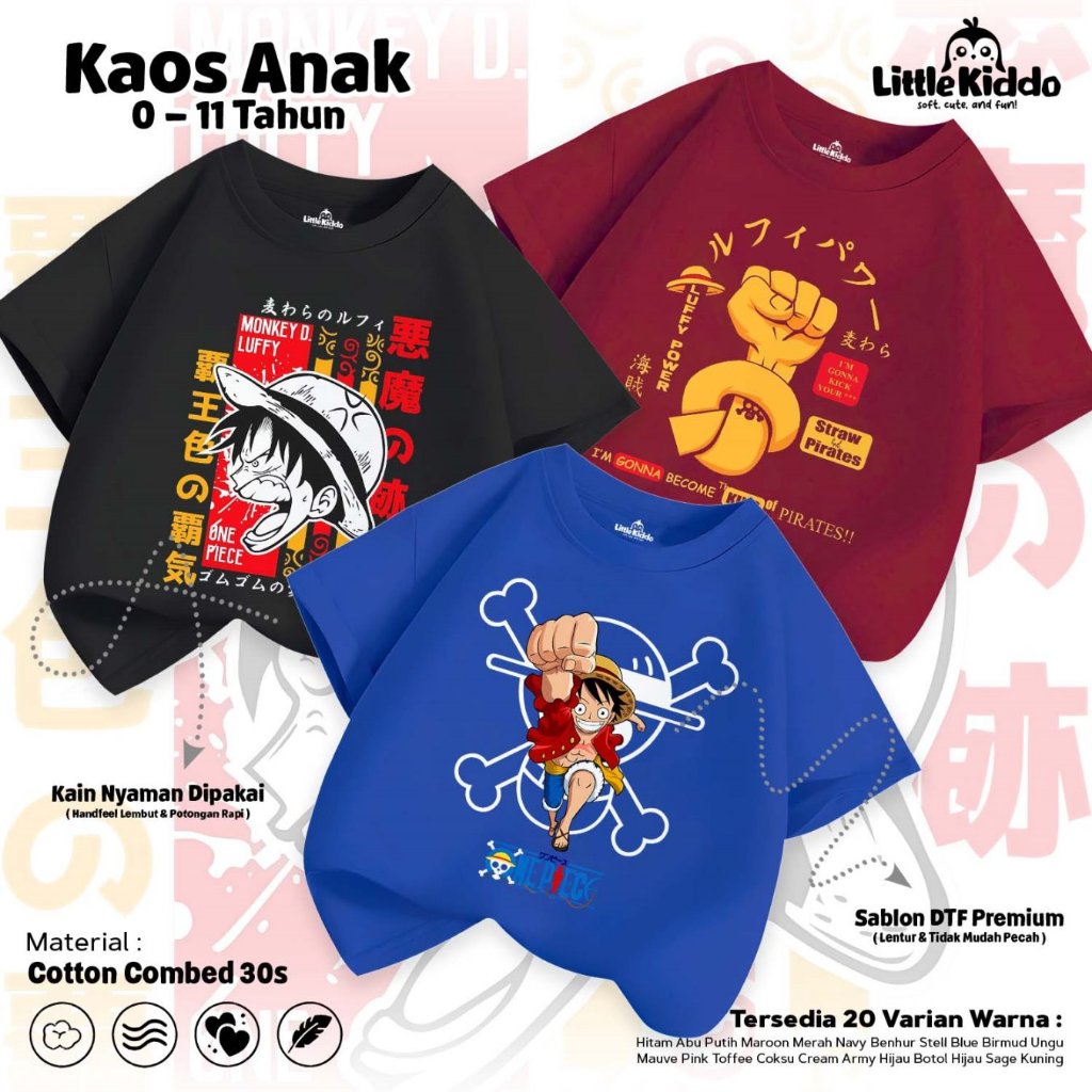 LITTLE KIDDO - Monkey D Luffy One Piece เสื้อยืดเด็ก I Tops สําหรับเด็กชายและเด็กหญิง (0-11 ปี)