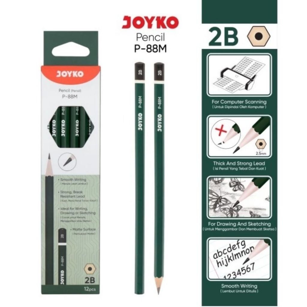 HIJAU (1 แพ็ค 12 ชิ้น) JOYKO 2B P-88M PENCIL / JOYKO GREEN PENCIL / 2B GREEN PENCIL SCHOOL STATIONER