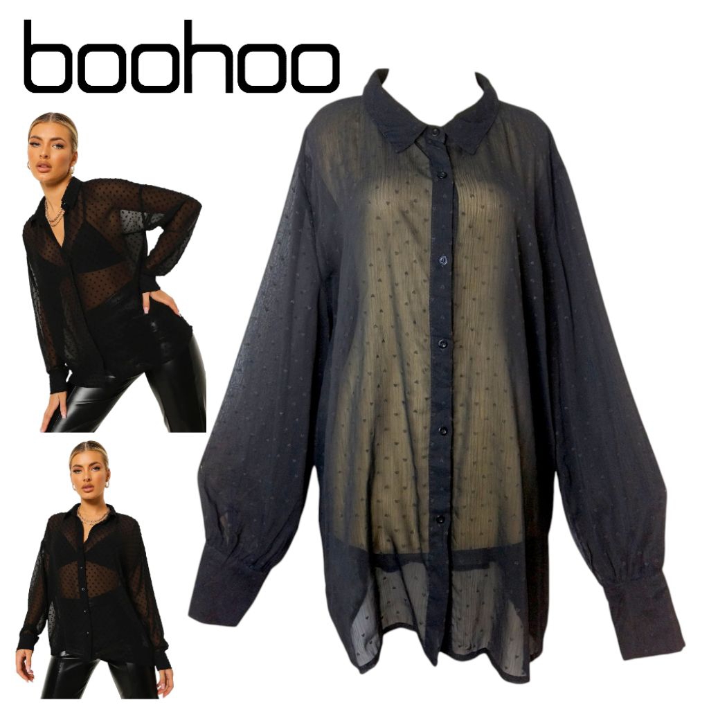 BOOHOO Dobby Mesh Shirt สีดําซีทรูแขนยาว ไซส์ XL