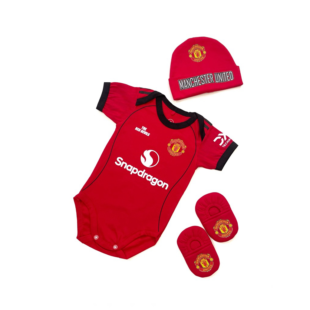 MU Man Utd Baby Ball Jumper Set หมวกรองเท้าชุดจั๊มสูททารกแรกเกิดสําหรับเด็กหญิงและเด็กชาย
