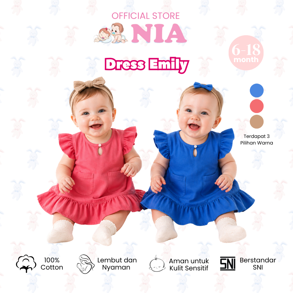 NIA Dress Emily Baby Girl แขนสั้นริบบิ้น 6-18 เดือนธรรมดา
