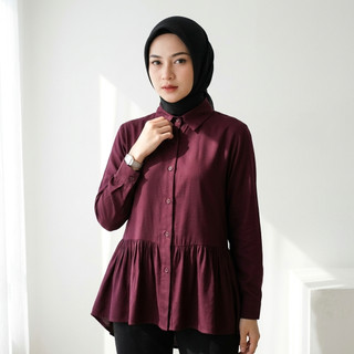 Atasan Blouse Wanita Rayon Twill Ruffle Peplum Lengan Panjang