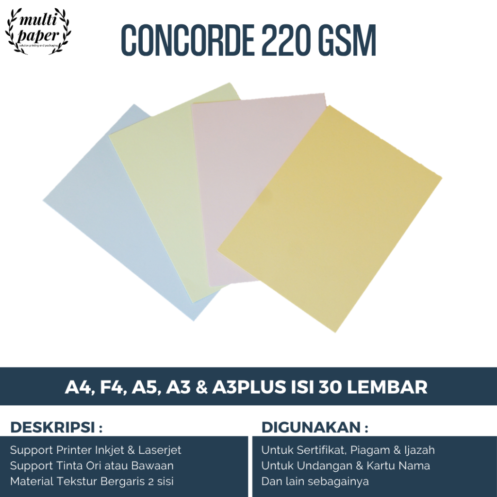 [30 LBR] Concorde Paper 220 GSM A4, F4, A5, A3 & A3Plus Charter Paper กระดาษใบรับรอง