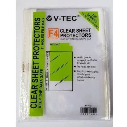 V-TEC ตัวป้องกันแผ่นใส F4 100lbr พลาสติก 11 หลุมกระเป๋าแฟ้ม
