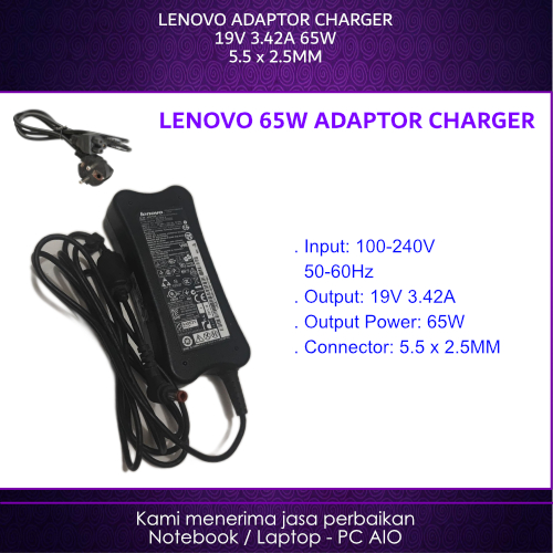 LENOVO 19v 3.42a 5.5x2.5mm 65W 3000 G230 G400 G410 G430 G450 G500 G510 G530 G550 N500 Y300 Y310 Y40 