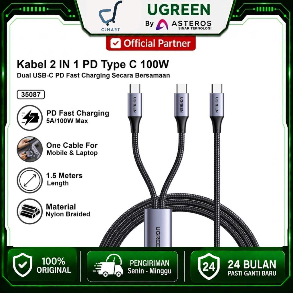 UGREEN 2 in 1 Type C to Dual Type C PD Fast Charging 100w Charger Cable - 2 IN 1 CABLE