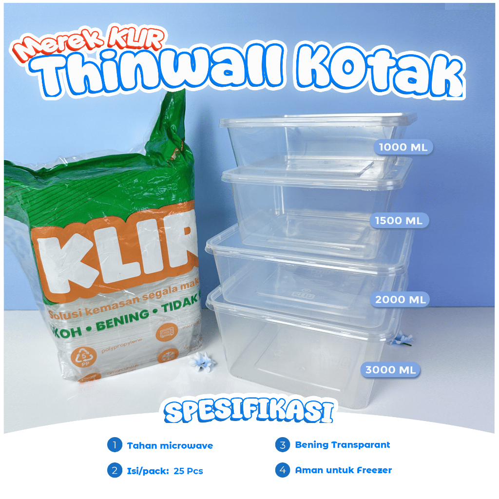 [25PCS] Thinwall KLIR Box 1000 ml 1500 ml 2000 ml 3000 ml / Square / Plastic Lunch Box / SQ
