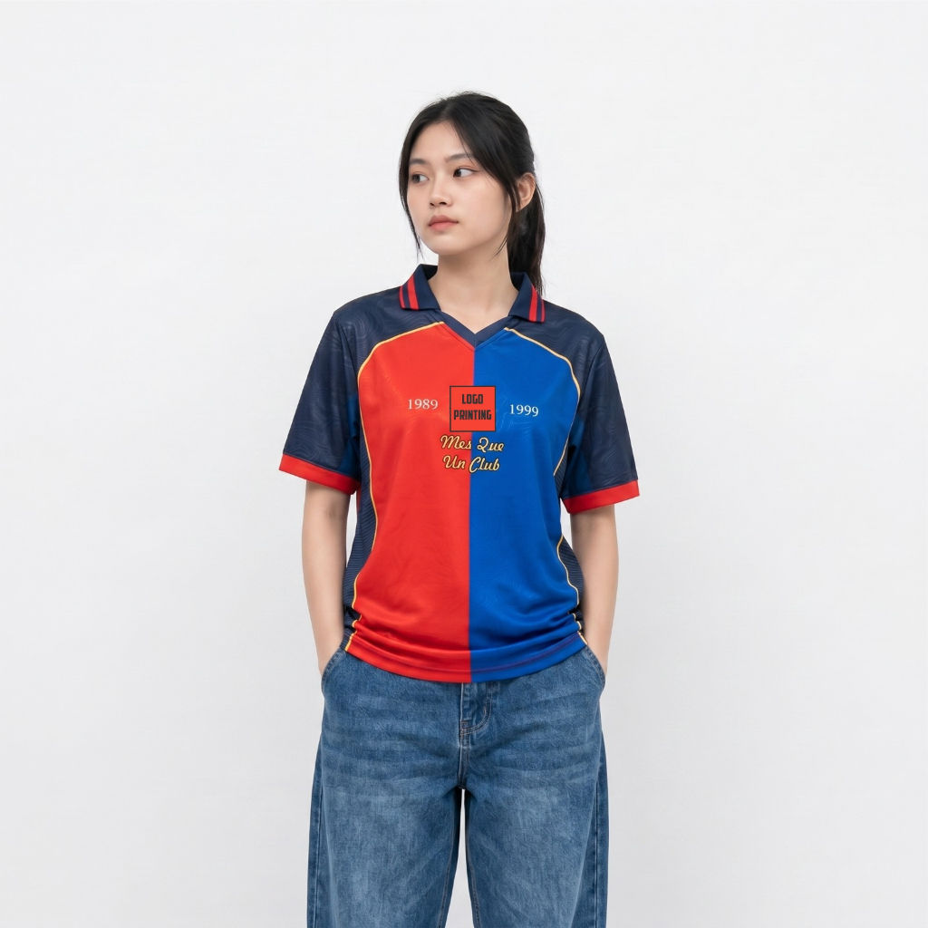 MERAH Retro Fantasy B4aRCel0na Jersey / Unisex Full Printing Red Blue Football Jersey / Futsal Jerse