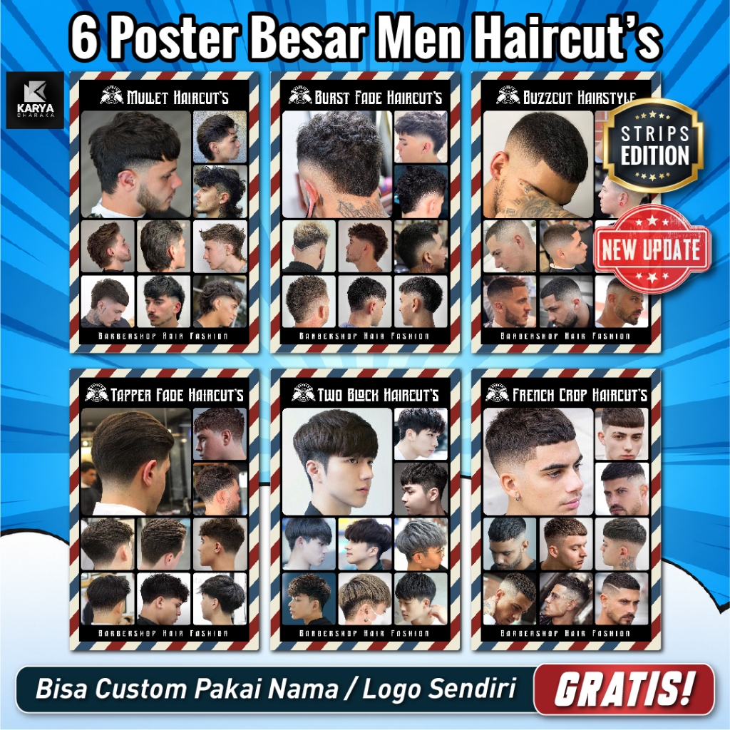[แพ็ค 6 ชิ้น] ทรงโปสเตอร์ขนาดใหญ่ล่าสุดผู้ชายผมสไตล์รุ่นแคตตาล็อกร้านตัดผมร้านเสริมสวยและตัดแต่งขนาด 34x48 ซม.โบนัสตัดผมสติกเ