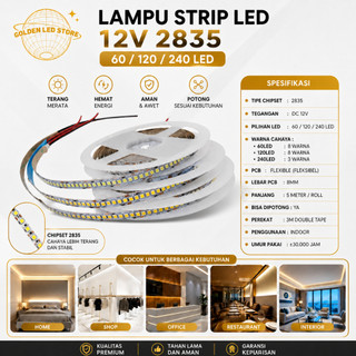 GLS - Lampu Strip LED 12V 2835 SMD 5 Meter 60 LED 120 LED 240 LED DC 12V Untuk Dekorasi Meja Komputer