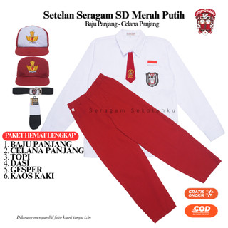 Setelan Super Lengkap Seragam Sekolah SD Merah Putih Anak Laki Laki Baju Putih Lengan Panjang Celana Merah Panjang Cowok Kelas 1 - 6 SD