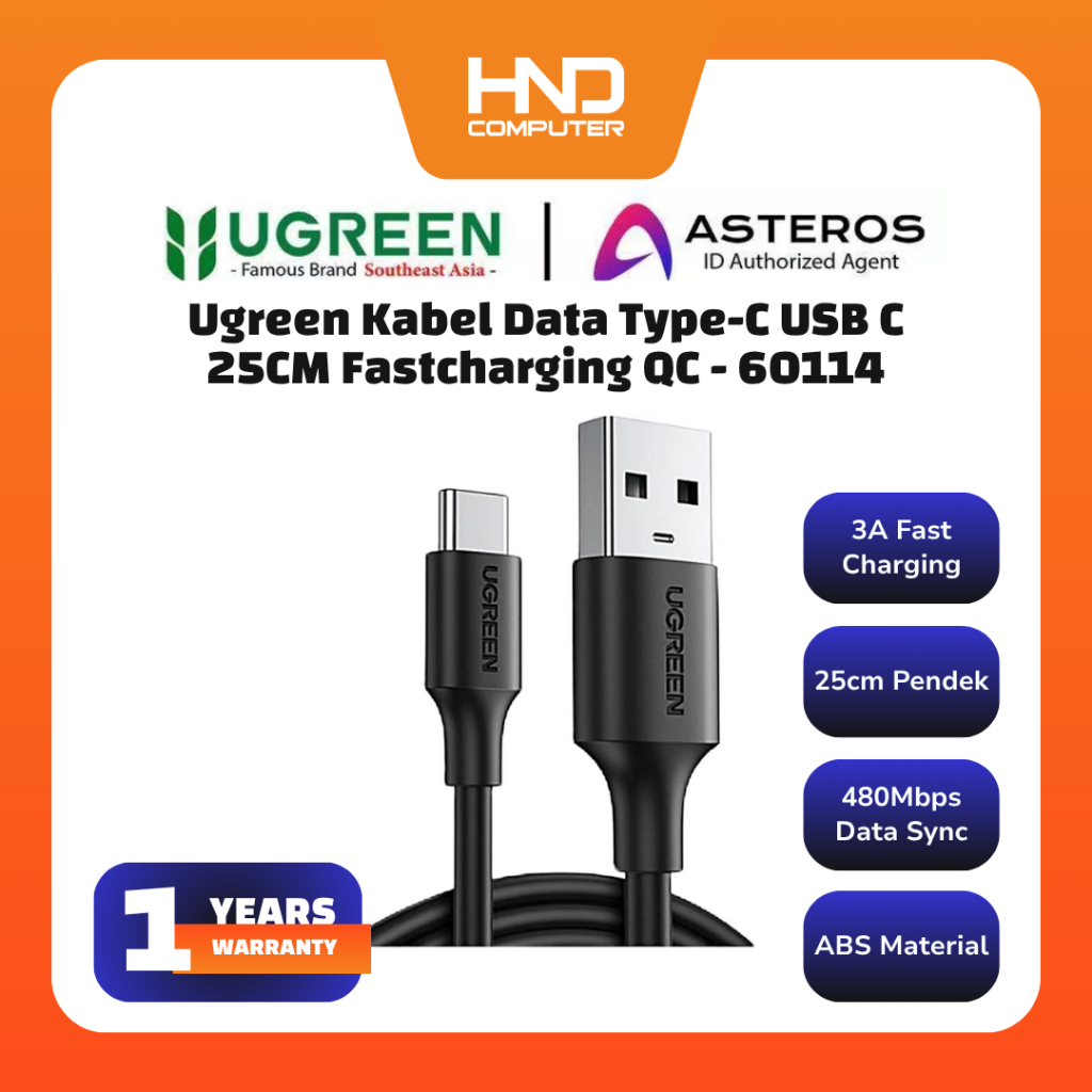 สายเคเบิลข้อมูล Ugreen Type-C 60114 USB C 25CM Fastchargeing QC
