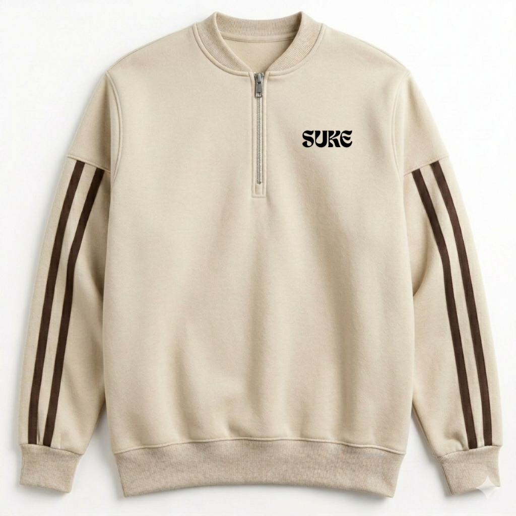 Shanghai Sweater Zipper Collar Beige Two Strip Suke Beige / Half Zip Suke Sweatshirt / Polo Neck Zip