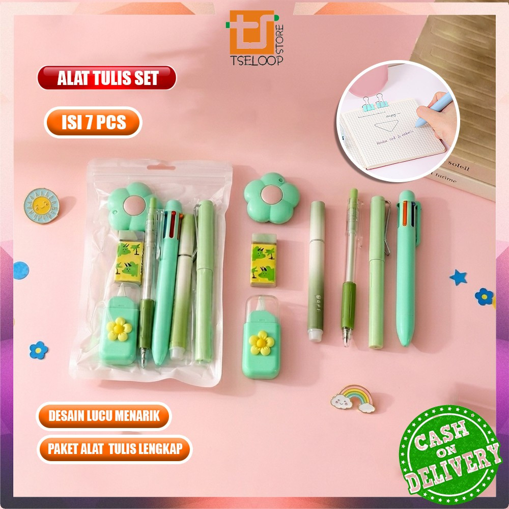 OFM-A142 ชุดเครื่องเขียน 7PCS 0.5 มม.ปากกาดินสอยางลบน่ารัก Mini Cutter/เครื่องเขียนดอกไม้ Motif ปฏิบ