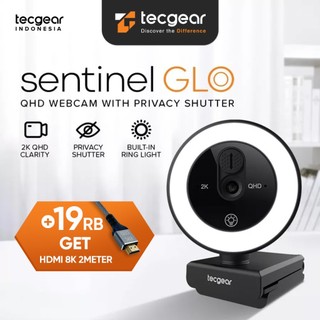 Sentinel Glo, 2K Webcam with Ring Light, Built-in Privacy Shutter, Auto Focus QHD Resolution Privacy Lens Cover, Built-in Microphone