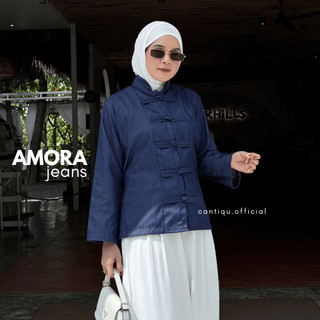 Cantiqu Blouse Soft Jeans Kerah Shanghai Kancing Cheongsam | Atasan Denim Wanita Lengan Panjang | Top Amora Korean Vintage Oriental