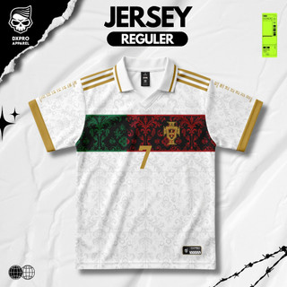 DXPRO - Jersey Retro Fantasy Sport Portugal White Gold Series – Jersey Reguler Premium Full Print Sublimasi dengan Bahan Dryfit UV Premium, Motif Klasik Elegan, Detail Warna Tajam, Adem Dipakai Harian