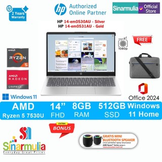 HP 14 Ryzen 5 7530U 512GB SSD 8GB Win11+OHS - em0530AU/em0531AU