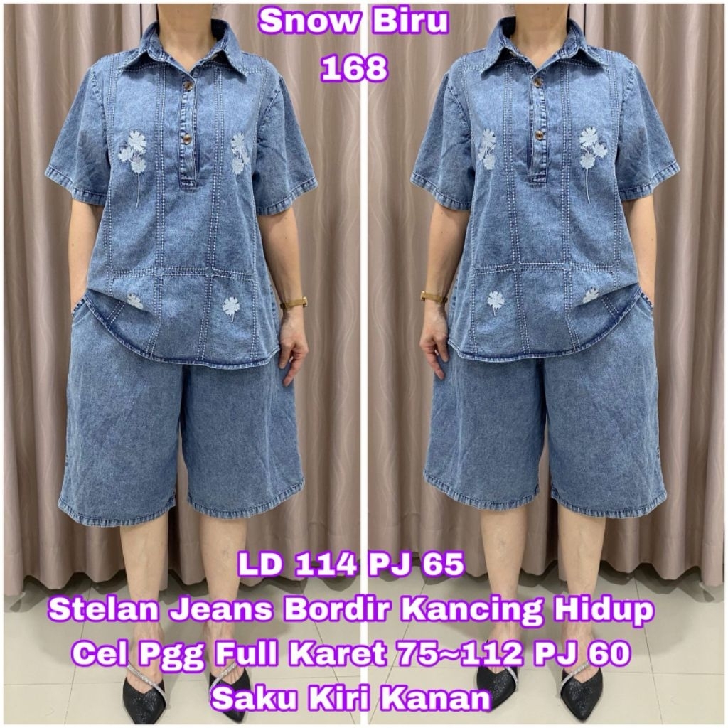 Snow Denim กางเกงยีนส์ชุดปักดอกไม้ Check Motif รหัส 168 ปุ่มสดแขนสั้น LD 114 PJ 65 กางเกงขาสั้นเอวยา