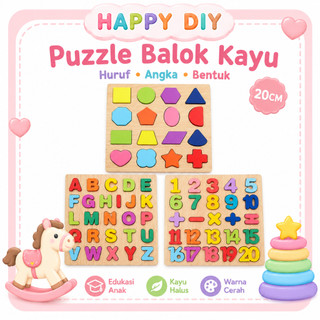 HAPPY DIY  20CM Mainan Anak Geometry Huruf Angka Bentuk Puzzle Kayu Mainan Kayu Edukasi