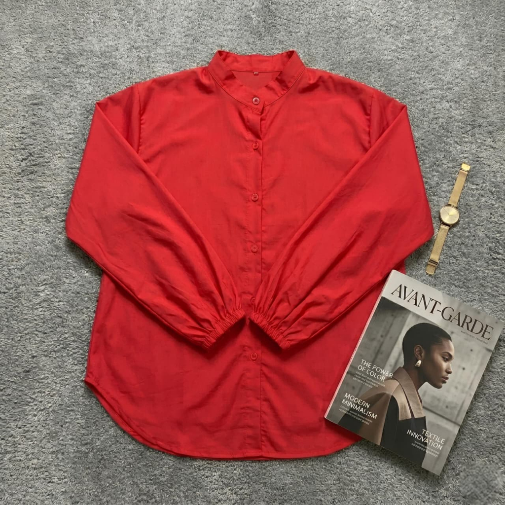KEMEJA MERAH Premium Rayon Twill Plain Chili Red Shirt - Womens Plain Red Chilli Shirt - August Edit