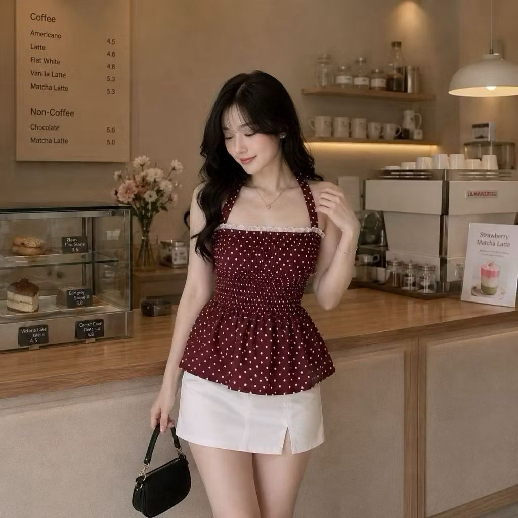 KATUN HAILEY Top Polkadot With Lace Halterneck Cotton
