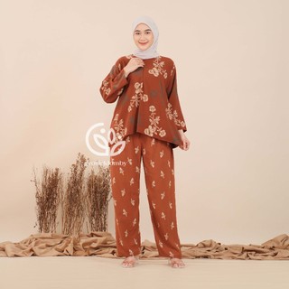 One Set Meira Rayon Premium Busui Sleting Setelan Wanita Atasan Bawahan Celana Panjang Batik Lukis Adem Nyaman Tebal