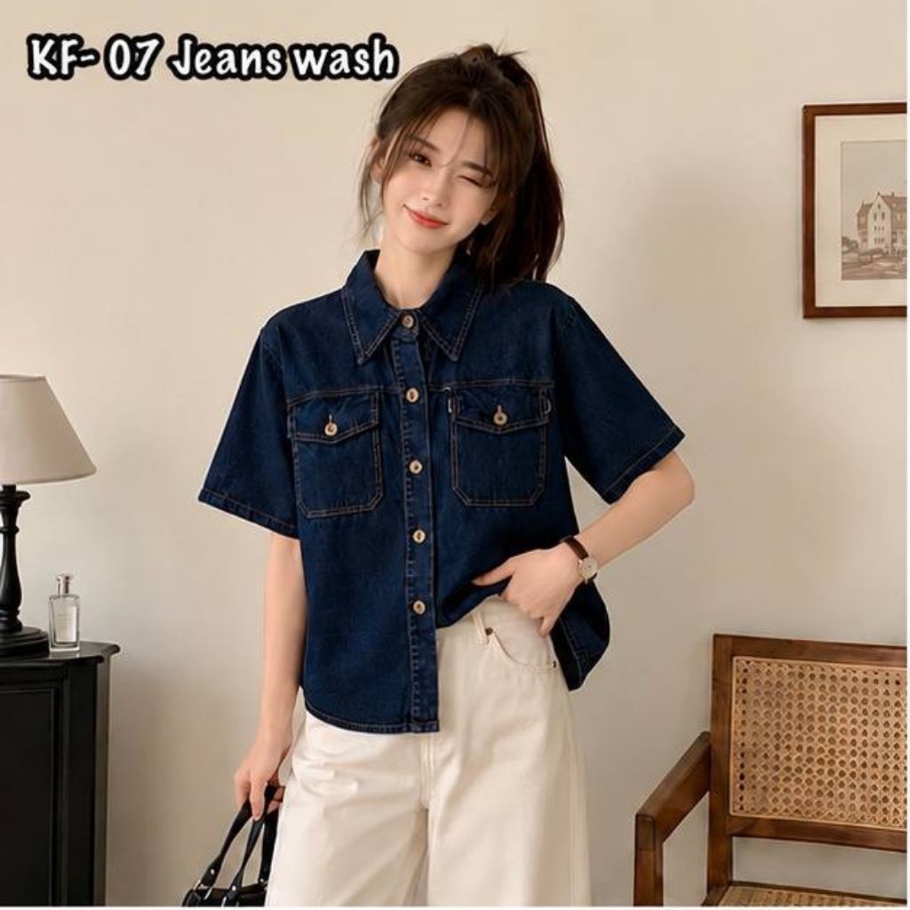 KEMEJA Nerio fashion KYREN Top Jeans Premium เสื้อเชิ้ตผู้หญิงทันสมัย