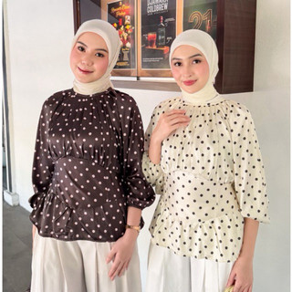 BIGIMO - Fitted Blouse Wanita Lova Fit Blouse Motif Polkadot Polos Atasan Casual Top  Kekinian Baju Panjang Casual  lengan balon  Layer Ruffle
