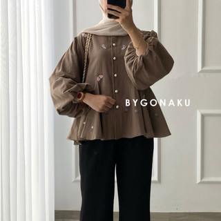 [GONAKU] Aera Crop Top Linen Bordir | Atasan Blouse Lengan Balon Kemeja Kerja Wanita | Busui Friendly | Embroidery Shirt