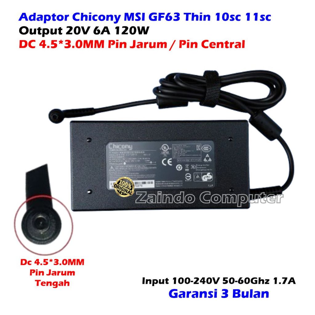 MSI CHICONY ADAPTER 20V 6A 120W (4.5*3.0MM) MSI GF63 THIN 10SC 11SC MS-16R5 MS-16R6 GF75 THIN 10UEK 