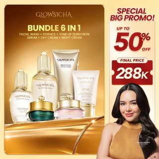 Glowsicha Bundle 6in1 (Facial Wash + Essence + Serum + Night Cream + Day Cream + Sunscreen) Skincare Lengkap Mencerahkan Melembabkan Wajah Glowing Cerah AHA Niacinamide Salmon DNA Collagen Toner Gel Krim Siang Malam