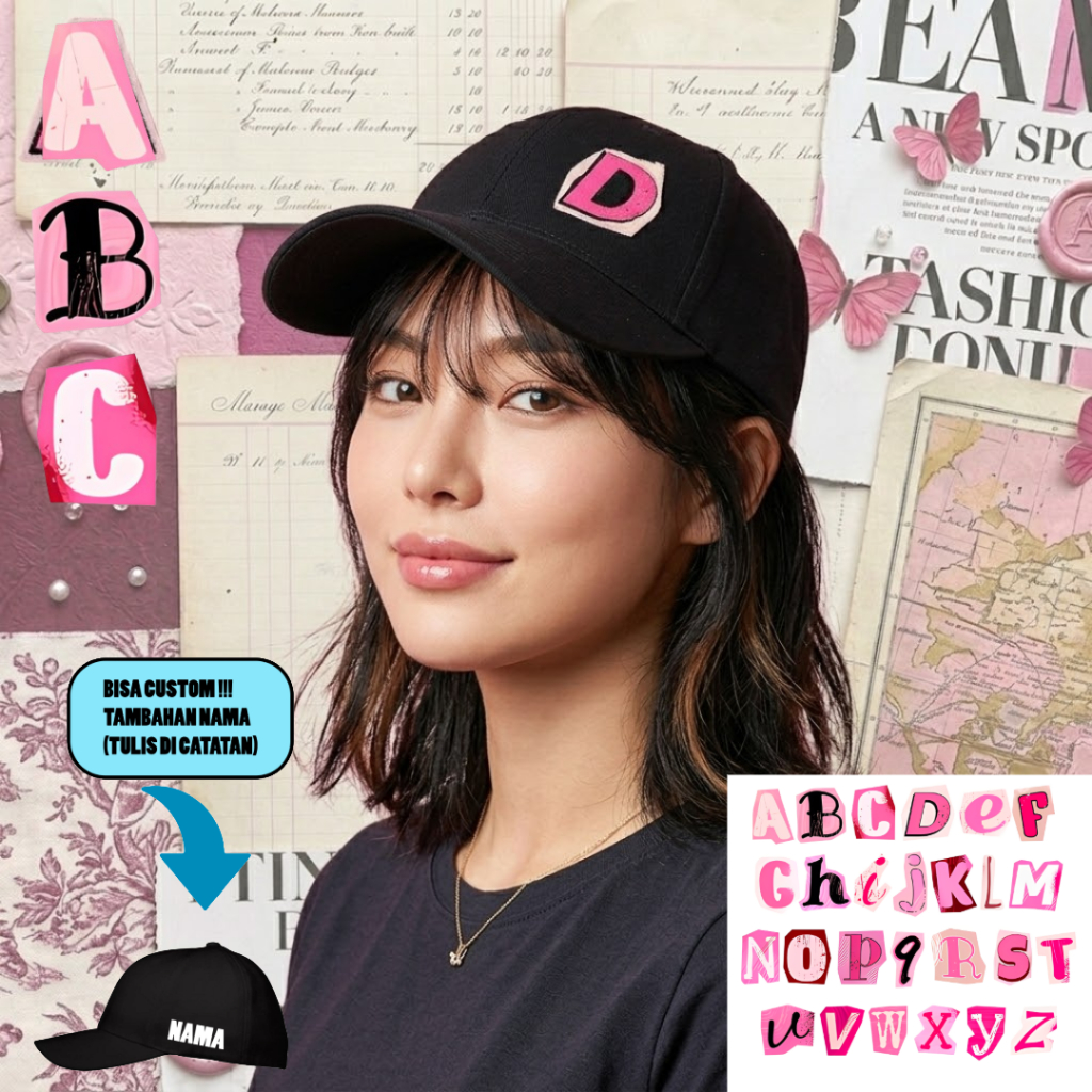 เด็กผู้หญิง ALPHABET หมวกข้างสีชมพู ALPHABET LETTERS ABCDEF (ชื่อ)