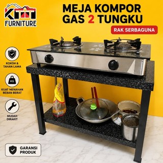 Rak Sususn Meja Kompor Gas 2 Tungku serbaguna Meja Kayu Portable Laci Model Minimalis Modern Warna Hitam Motif Marbel Granit