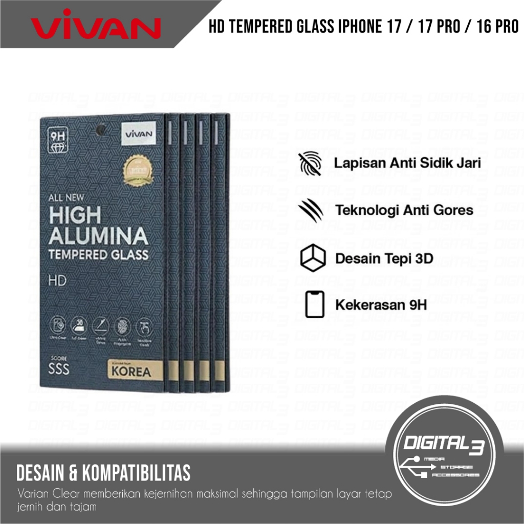 VIVAN กระจกนิรภัย Ultra HD Clear iPhone 17 / 17 PRO / 16 PRO ปกป้องหน้าจอ Anti-Scratch Glass อลูมินา