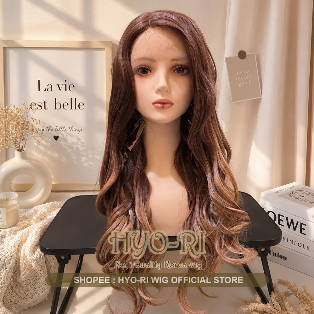 HYO-RI WIG : FRONT LACE WIG LACE LONG WIG ผู้หญิง WIG NATURAL KOREAN WIG LONG CURLY WAVE OMBRE WALNU