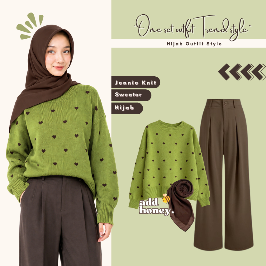 Launa Outfit Set 3In1 Avocado Kekian (Hijab + Love Sweater + Jennie Knit Brown) วัยรุ่นล่าสุด Hangou