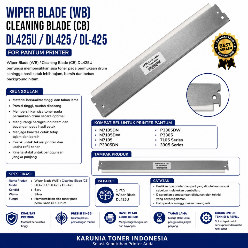 WIPER BLADE WB CLENING BLADE CB DL425U DL425 DL425 DL425 สําหรับ Pantum M7105DN M7105DW P3305DN P330