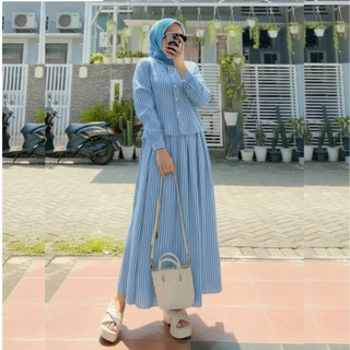 One Set Sheila Setelan Wanita Kemeja Rok Bahan Katun Premium Salur Nyaman