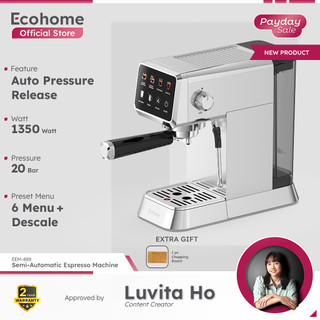 Ecohome Semi-automatic Espresso Machine EEM888 Mesin Kopi Espresso desain stylish dengan Tekanan 20 Bar untuk Pemakaian Rumah Layar Touchscreen