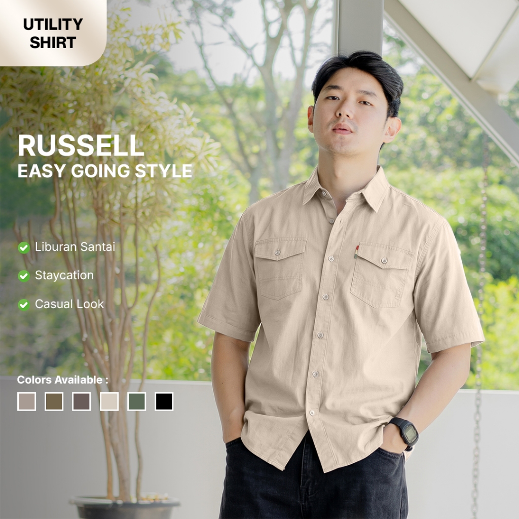 KEMEJA Coop Design - Russell Outdoor Safari Tactical Workshirt Baby Canvas Short Sleeve Mens Shirt