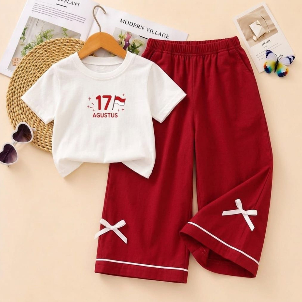 ชุด INDEPENDENCE สําหรับ GIRLS AUGUST 17 1-5 ปี เสื้อยืดและ RIBBON CULOTTS