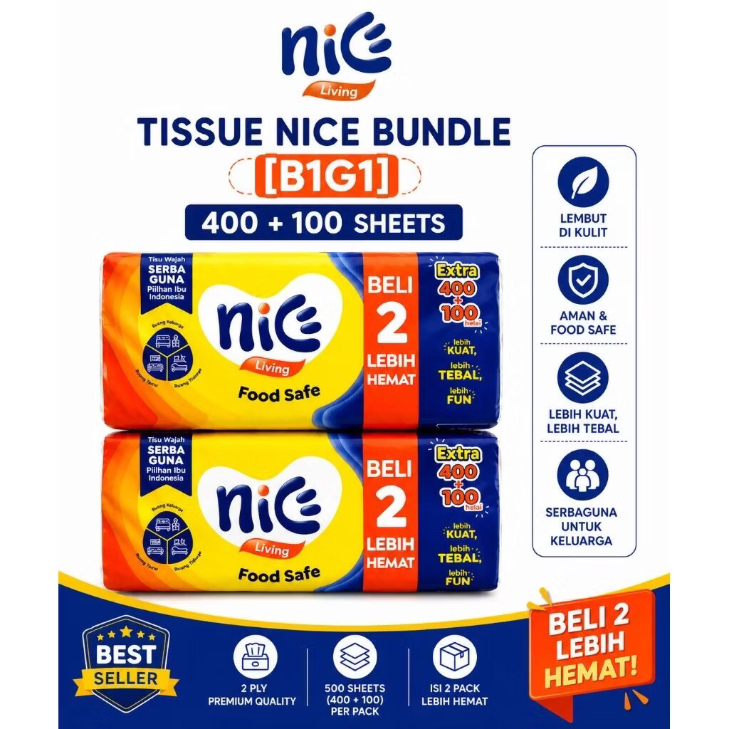B1G1 Bundle 2 กระดาษเช็ดหน้า Nice 400+100 แผ่น Soft & Strong Nice 500 แผ่น 500 แผ่น 250 แผ่น