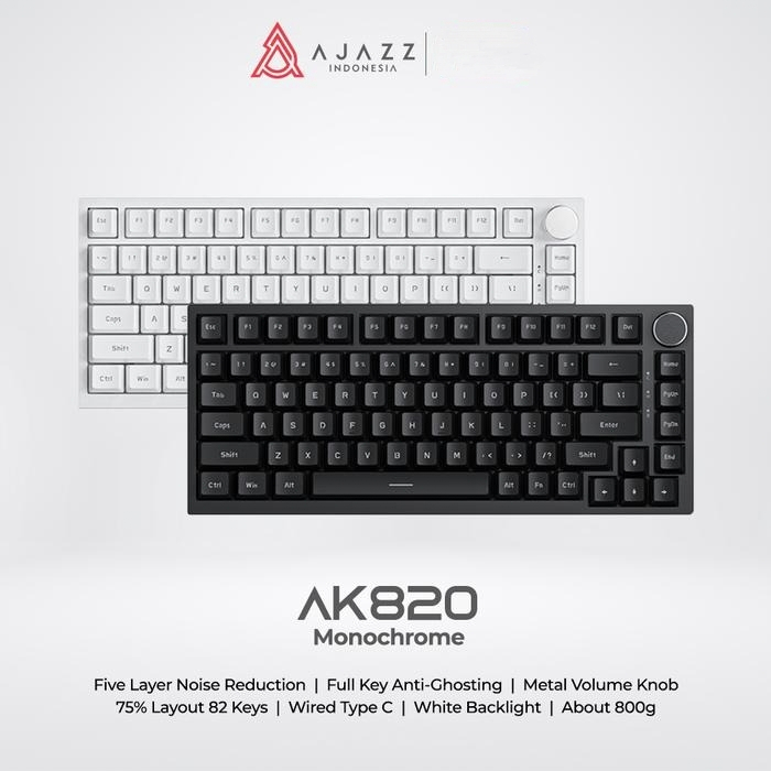 Ajazz AK820 Monochrome 75% คีย์บอร์ดแบบกลไกสําหรับเล่นเกม Hotswappable พร้อมตัวยึดปะเก็น