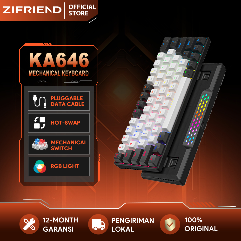 ZINFRIEND KA646 คีย์บอร์ดแบบกลไก RGB Gaming 65% Hot Swap แป้นพิมพ์แบบมีสายสีแดง/น้ําเงิน