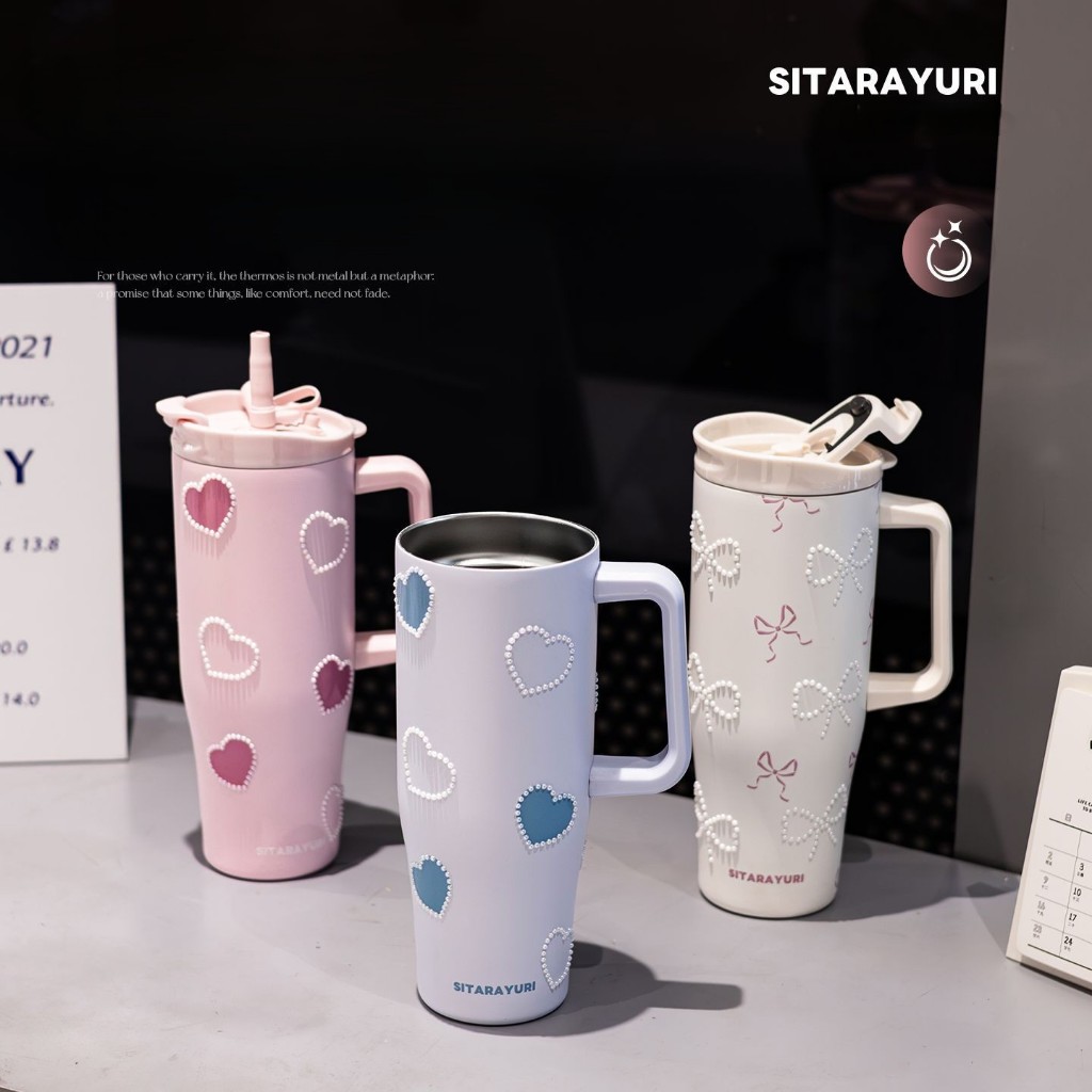 SITARAYURI Tumbler 1200ml ZF084/085 สแตนเลส Double Wall Insulated Cup Bow Pearl Design พร้อมที่จับแล