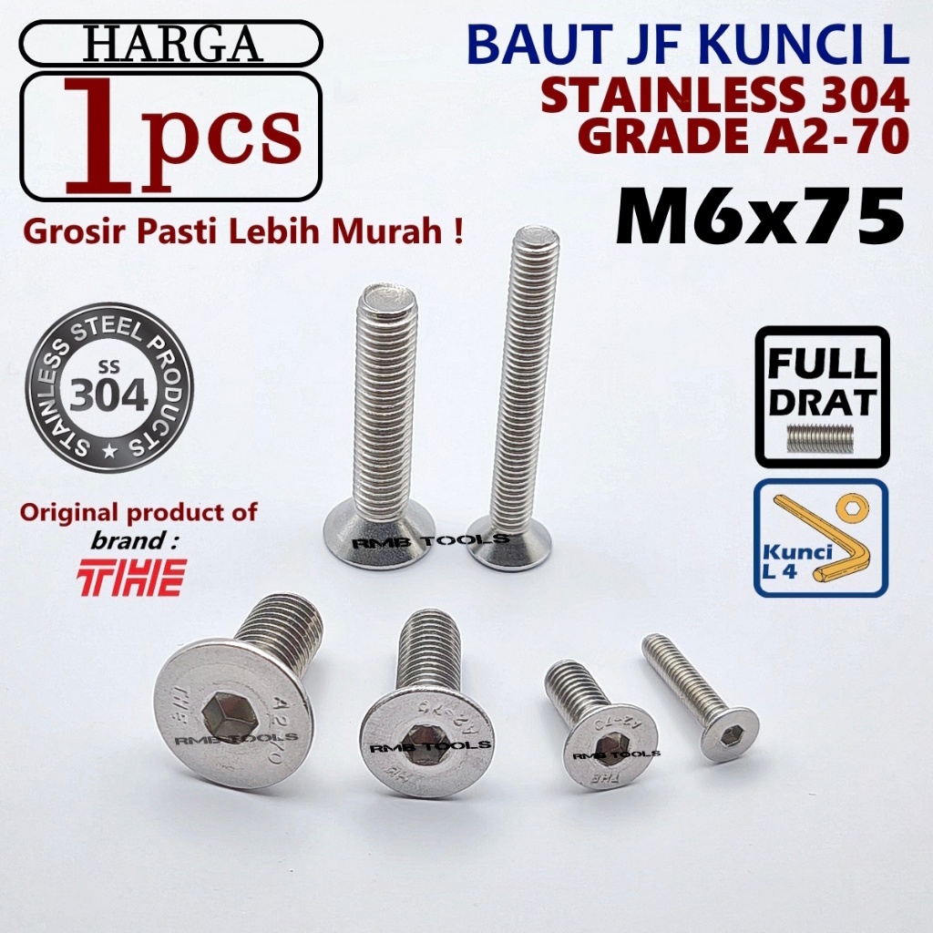 JF Bolt L Key M6 x 75 Stainless 304 Verseng Countersunk A2-70 M6