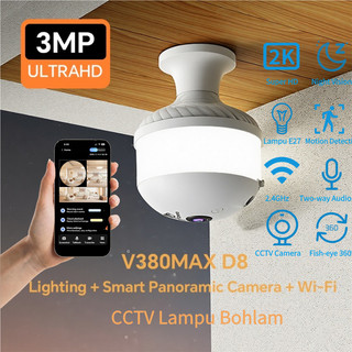 CCTV Lampu Bohlam Kamera Pengawasan V380 PRO MAX D8 2K 360°Fisheye Panoramik WiFi Jarak Jauh 2-in-1 Smart CCTV Untuk Rumah Toko
