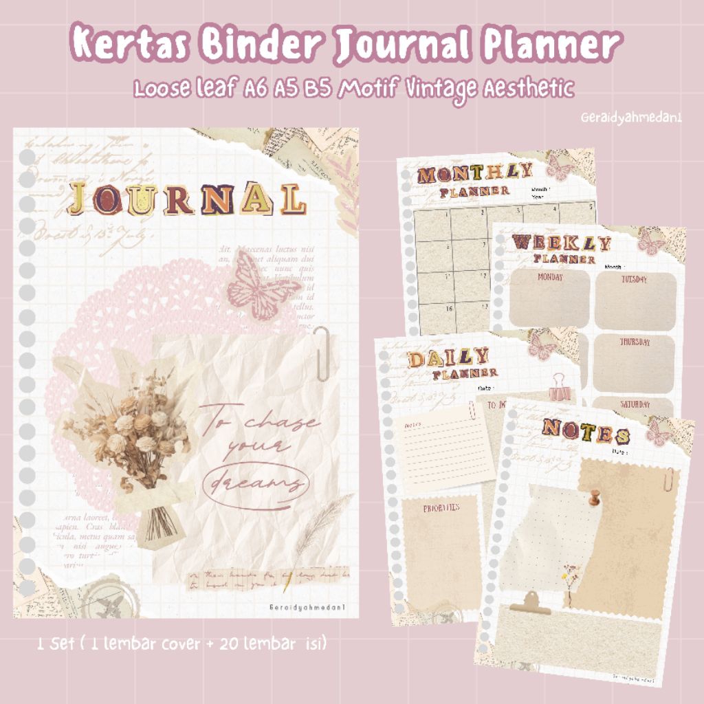 Binder Journal Planner Loose leaf A6 A5 B5 Vintage Aesthetic Motif