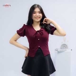 Maretta Top- Atasan knit tali wanita leher V premium lengan balon pendek Lerist